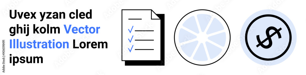 Document checklist with ticks, abstract pie chart, and dollar sign in circle. Ideal for finance, organization, business goals, planning, task tracking, infographics analytics simple landing page Document checklist with ticks, abstract pie chart, and dollar sign in circle. Ideal for finance, organization, business goals, planning, task tracking, infographics analytics simple landing page