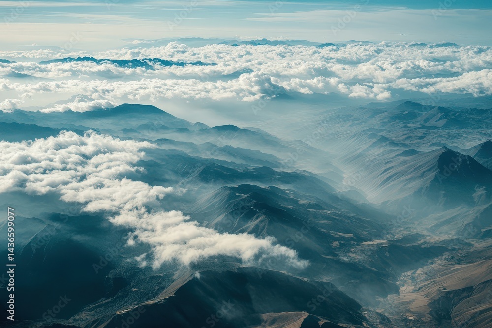 Fototapeta premium Aerial view of Andes mountains with clouds and valleys