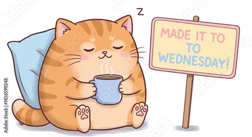Cute Orange Tabby Cat Enjoying Coffee Hump Day Wednesday Illustration