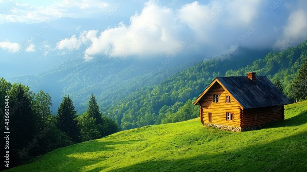 Mountain chalet nestled in lush green valley Mountain chalet nestled in lush green valley