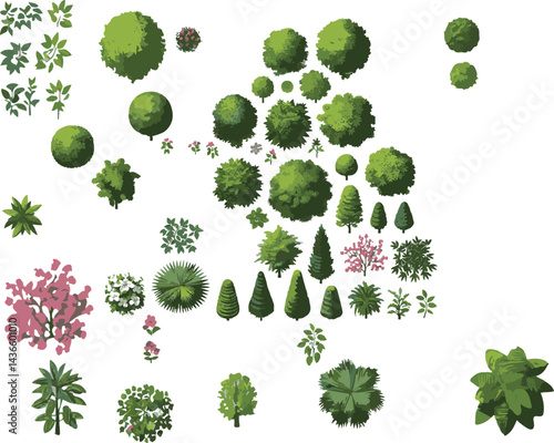Vector watercolor green tree or forest side view isolated on white background for landscape and architecture drawing,elements for environment or garden,botanical element for exterior section in spring