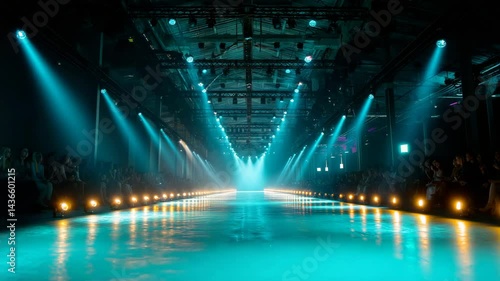 Runway illuminated by stage lights with audience for fashion show, catwalk presentation event or theatrical performance
