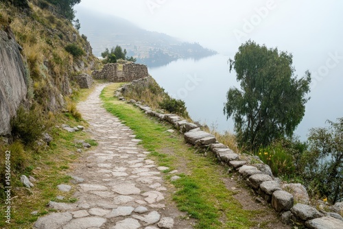 Stone path to ancient Inca ruins on Isla de la Luna