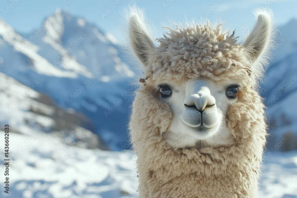 Fototapeta premium Curious alpaca close up with soft fur and mountain view