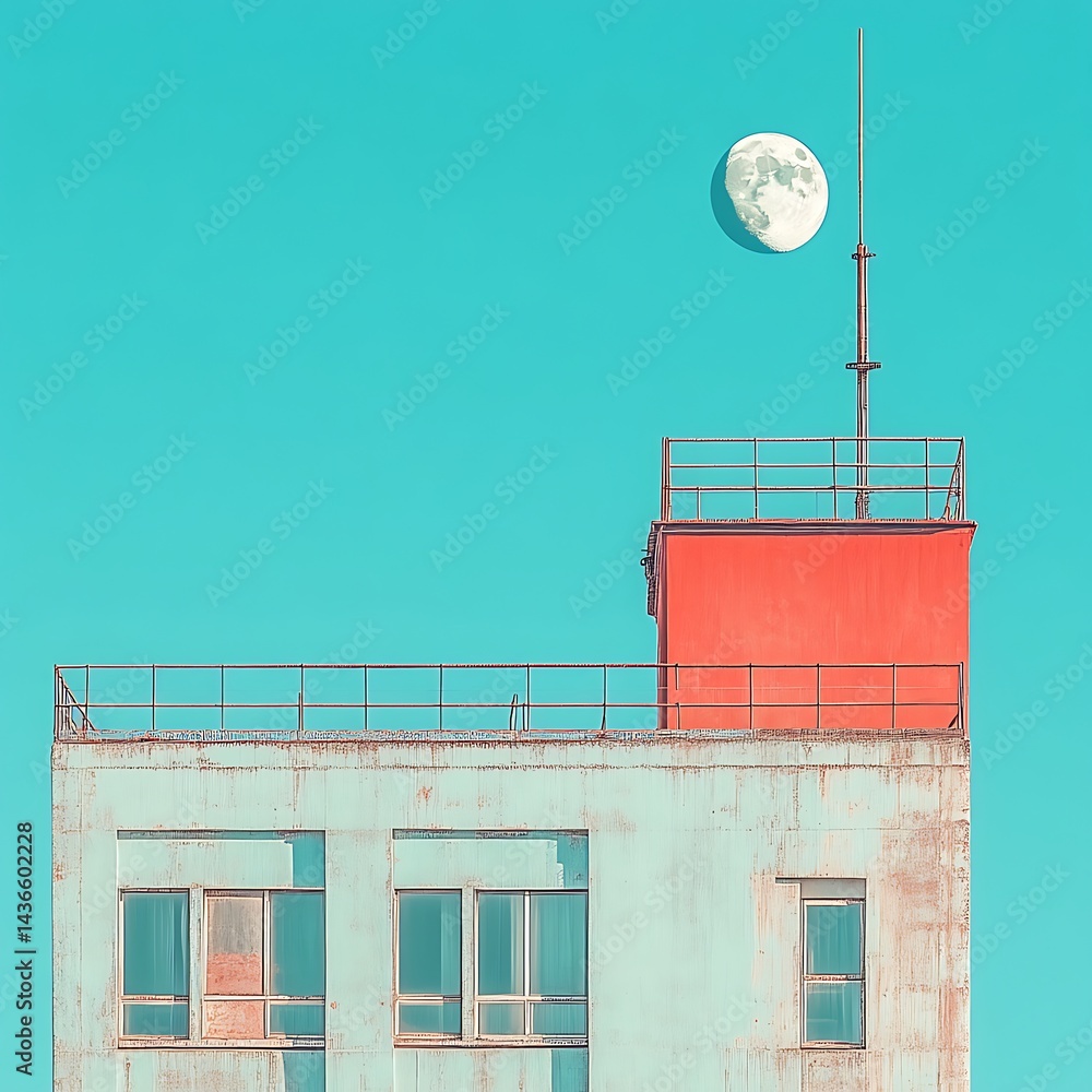 Building Rooftop Moon and Antenna Structure Building Rooftop Moon and Antenna Structure