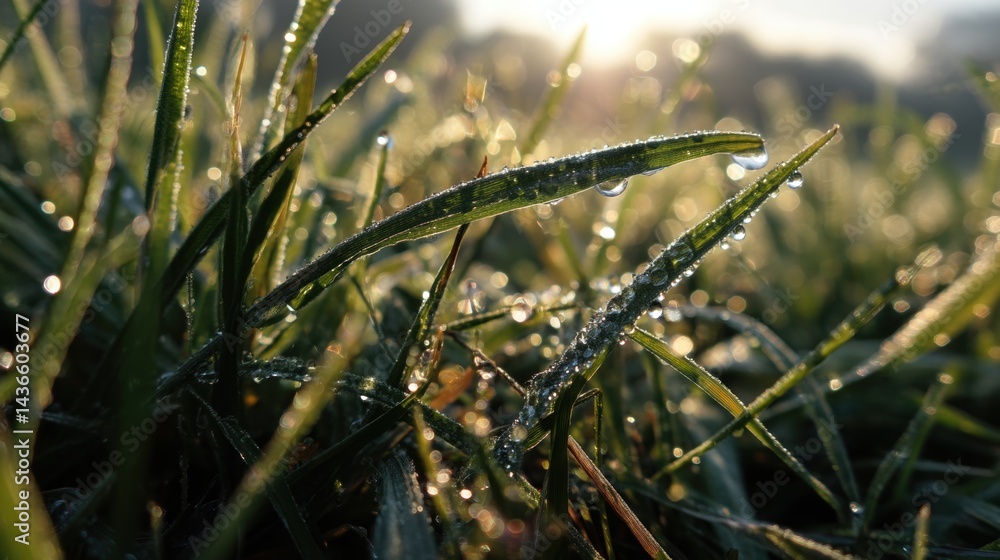 Morning dew on blades of grass, close-up, bright early sun creating sparkle 