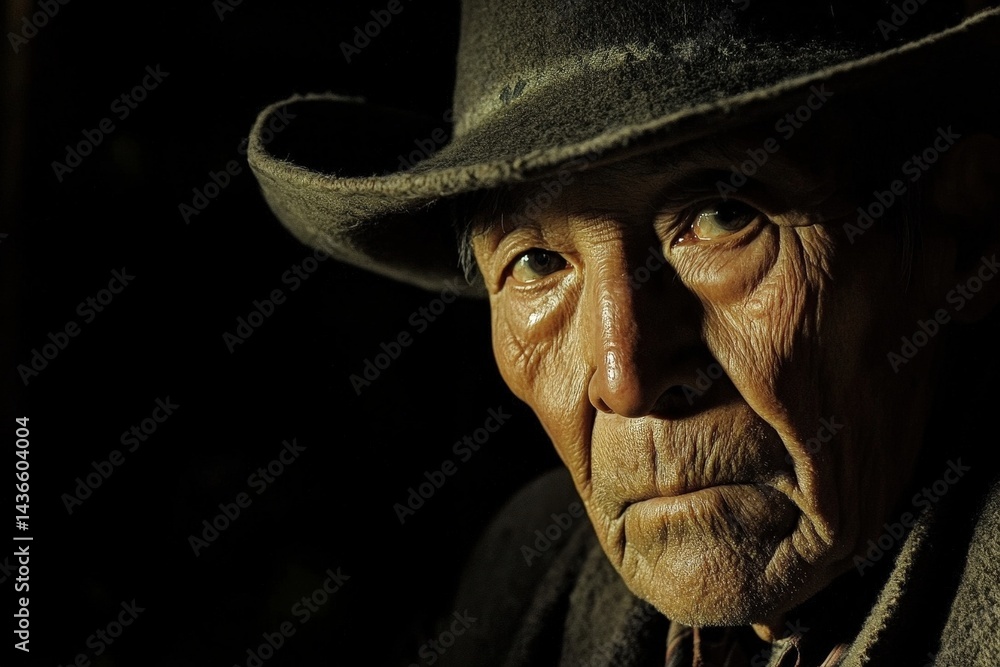 Fototapeta premium Elderly Aymara man wearing wool hat in soft afternoon light