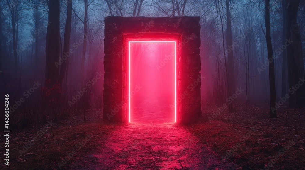 Mystical forest portal glowing with vibrant pink light
