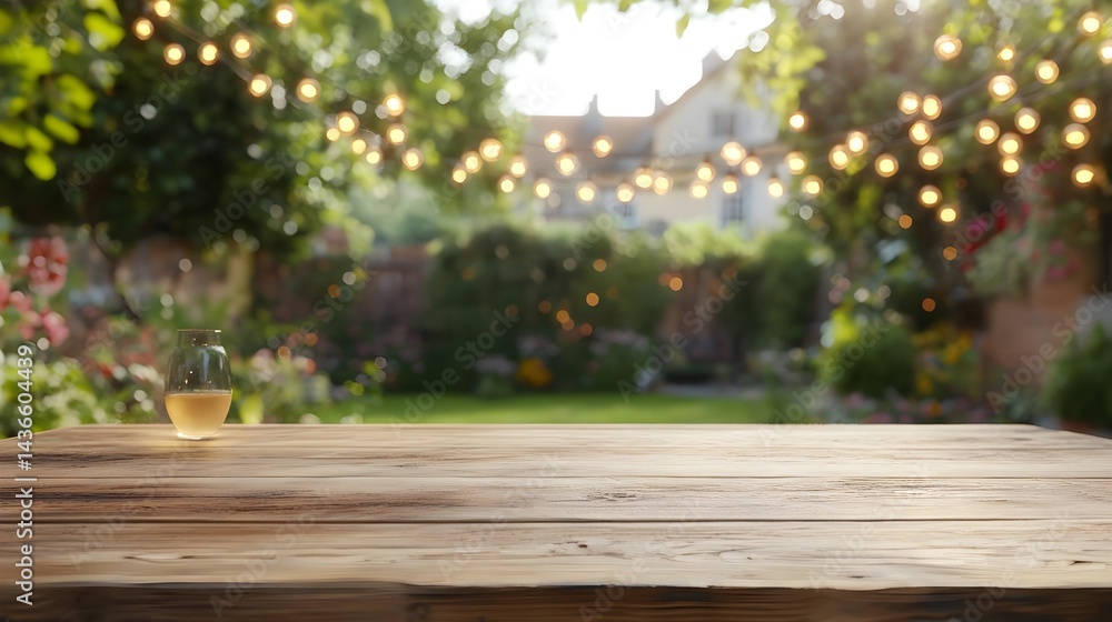 Fototapeta premium Blurred Garden Background with Table and Lights for Elegant Events