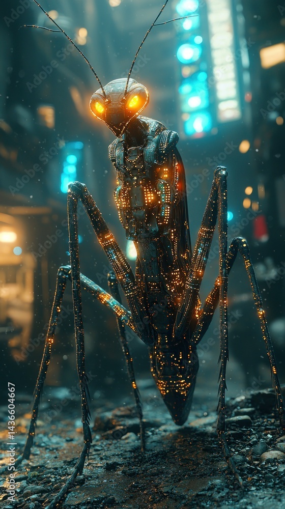 Fototapeta premium Cyberpunk Praying Mantis in Cityscape with Glowing Lights Futuristic Insect