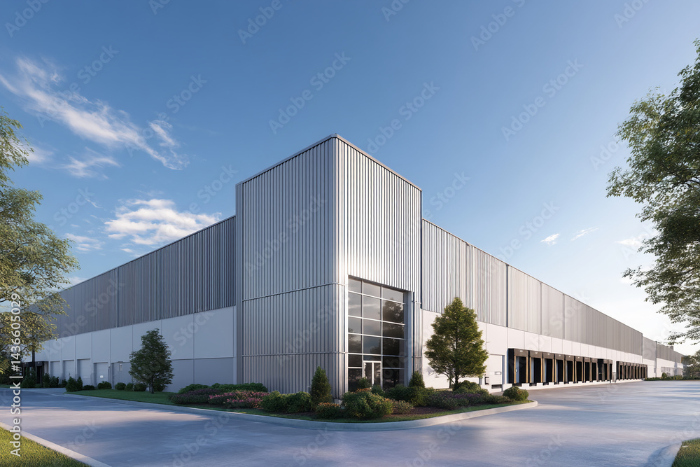 Fototapeta premium Modern warehouse building showcasing sleek metallic facade, large windows, and landscaped grounds, representing efficient logistics and industrial design