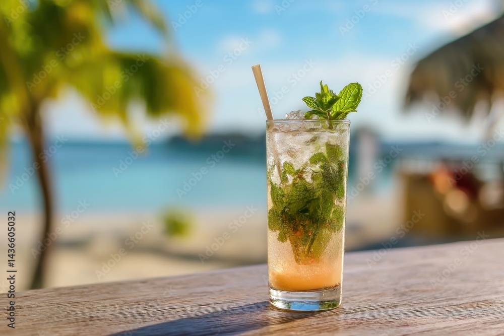 Tropical cocktail with ice and mint in a glass, placed on a beach table, blurred ocean and palm trees in the background, bright sunlight, vibrant colors