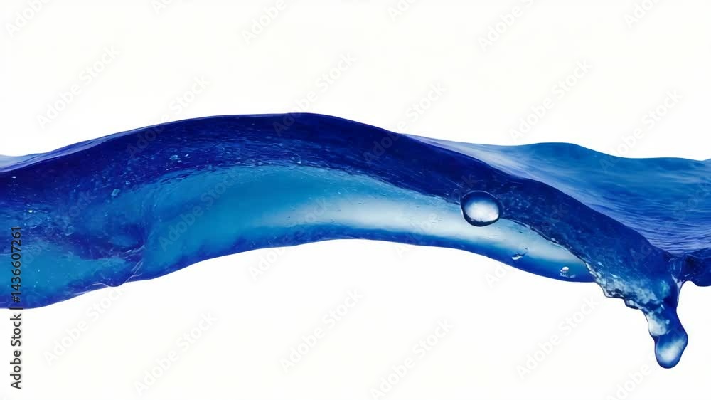 Flowing blue water wave with drips against a plain white background creates a dynamic liquid texture for abstract nature concepts.