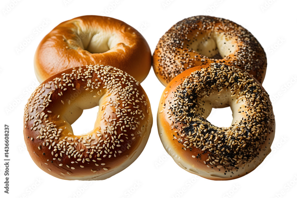 Four Fresh Bagels Isolated on White for Breakfast and Bakery Concepts: Sesame and Everything Seasoned Bagels Imagery: Bagel, Sesame, Everything, Isolated, White, Breakfast, Bakery, Bread, Fresh, Baked Four Fresh Bagels Isolated on White for Breakfast and Bakery Concepts: Sesame and Everything Seasoned Bagels Imagery: Bagel, Sesame, Everything, Isolated, White, Breakfast, Bakery, Bread, Fresh, Baked