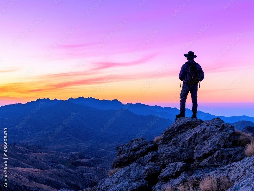 Fototapeta premium Solitary hiker on rocky peak, breathtaking sunset over vast mountain range