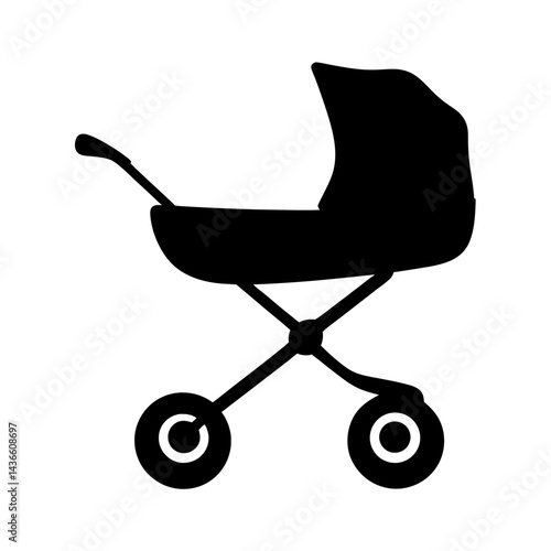 Silhouette of a Classic Baby Carriage with Cross Frame and Hood