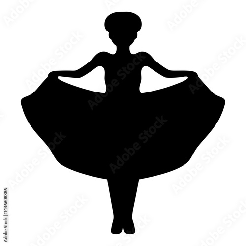 Silhouette of a woman holding the sides of her full, billowing dress