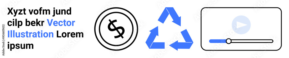 Dollar icon, recycling arrows, and a media player bar representing sustainability, economy, and digital interaction. Ideal for finance, eco-awareness, technology, education media design abstract Dollar icon, recycling arrows, and a media player bar representing sustainability, economy, and digital interaction. Ideal for finance, eco-awareness, technology, education media design abstract