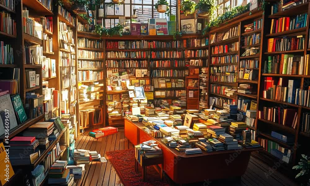 Cozy library filled with books, sunlight streaming through windows, inviting reading space Cozy library filled with books, sunlight streaming through windows, inviting reading space