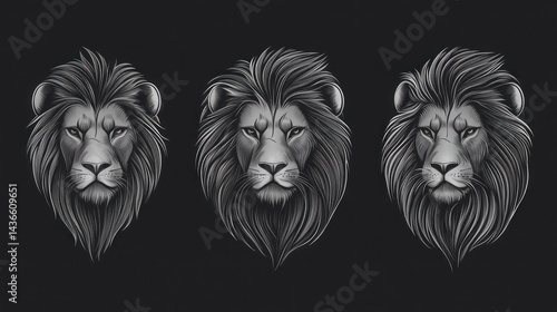 Three lion heads, grayscale, dark background; logo, branding