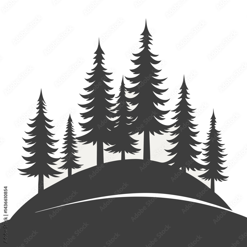 Obraz premium Silhouette of a Small Hill with Five Evergreen Coniferous Trees