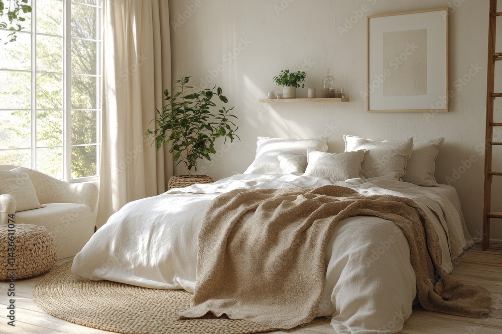 Serene bedroom interior with natural light and cozy bedding. Serene bedroom interior with natural light and cozy bedding.