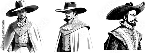 Monochrome Outline Illustration of a Torero in Vintage Toreador Costume vector set – Traje de Luces and Cape de Brega in Minimalist Romanticism Style,  Fashion Illustration, No Shadow