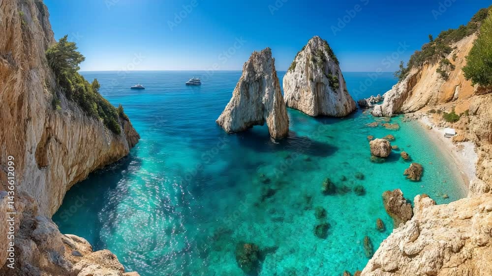 Breathtaking turquoise sea framed by rocky cliffs and unique rock formations creating a serene and idyllic seascape with boats in the distance. Breathtaking turquoise sea framed by rocky cliffs and unique rock formations creating a serene and idyllic seascape with boats in the distance.