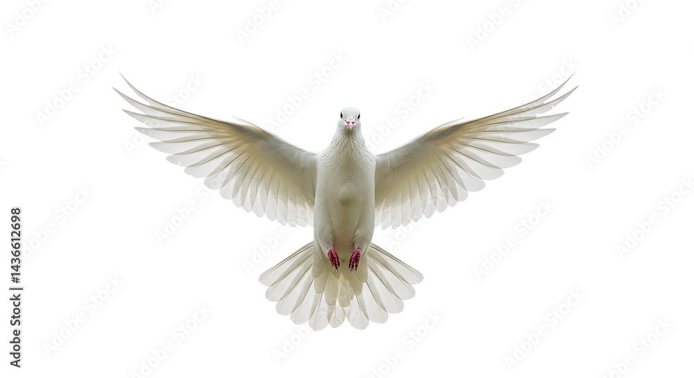 Fototapeta premium A white dove with its wings spread wide against a black background in a frontal view close up shot