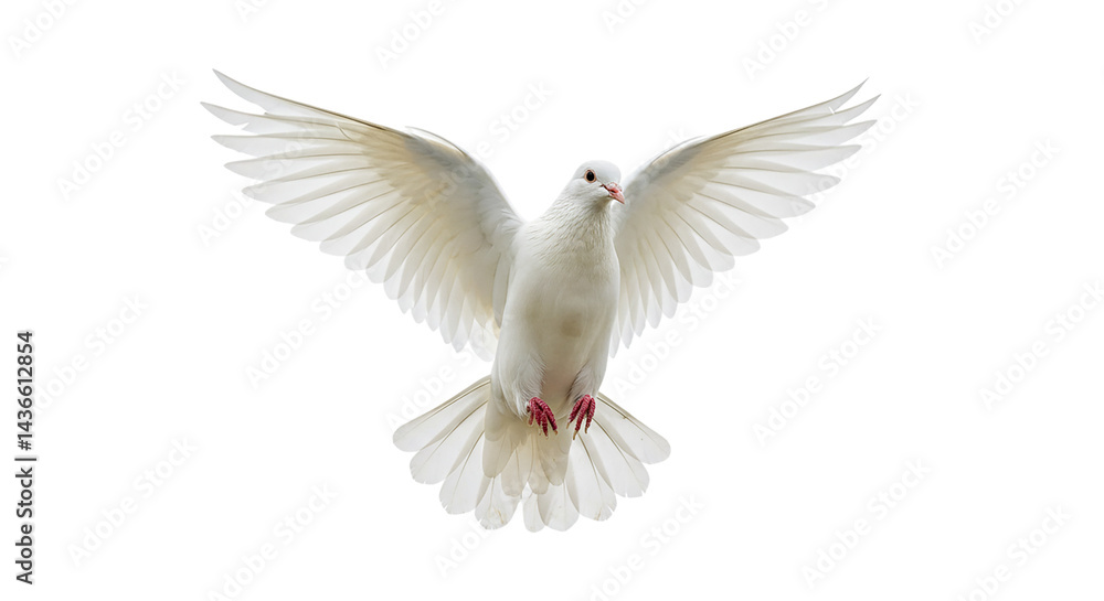 Fototapeta premium A white dove with its wings spread wide open against a black background in a close up shot view image