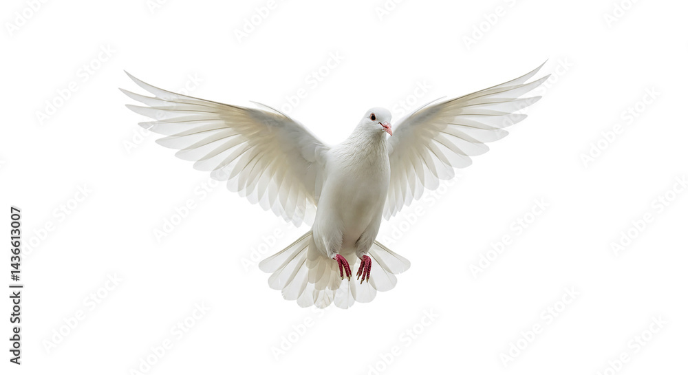 Fototapeta premium A white dove with its wings spread wide against a black background in a full shot perspective