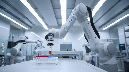 Robotic arms perform a laboratory task with precision in a research facility, with a sense of technological advancement and innovation.