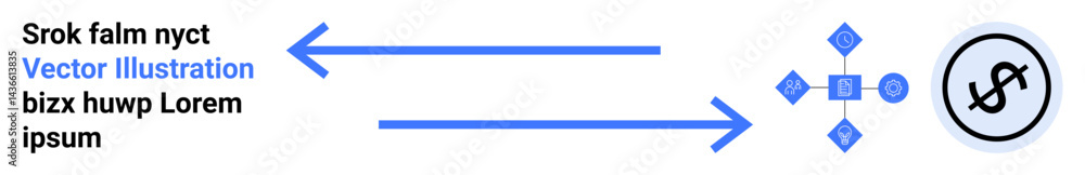 Blue arrows guide focus to a dollar symbol with abstract geometric shapes and placeholder text. Ideal for finance, marketing, business strategy, data flow, analysis, success, simple landing page Blue arrows guide focus to a dollar symbol with abstract geometric shapes and placeholder text. Ideal for finance, marketing, business strategy, data flow, analysis, success, simple landing page