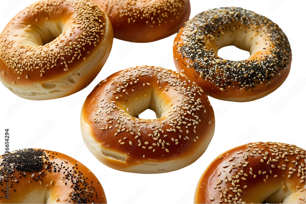 Four Fresh Bagels Isolated on White for Breakfast and Bakery Concepts: Sesame and Everything Seasoned Bagels Imagery: Bagel, Sesame, Everything, Isolated, White, Breakfast, Bakery, Bread, Fresh, Baked Four Fresh Bagels Isolated on White for Breakfast and Bakery Concepts: Sesame and Everything Seasoned Bagels Imagery: Bagel, Sesame, Everything, Isolated, White, Breakfast, Bakery, Bread, Fresh, Baked