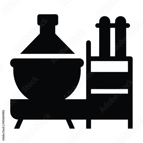 Chemical reactor with distillation apparatus and pipes in silhouette style