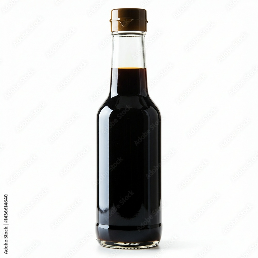 Close-up of a glass soy sauce bottle against a white background. Close-up of a glass soy sauce bottle against a white background.