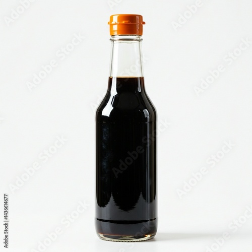 Close-up of a dark-colored glass bottle of soy sauce.
