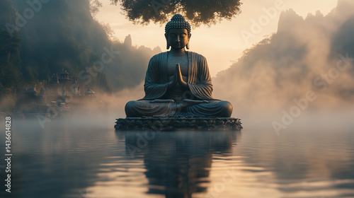 Serene Buddha Statues in Dhyana-Mudra Pose Beneath Misty Bodhi Trees at Dawn, Surrounded by Lotus Flowers and Calm Water Reflections During Vesak Celebrations