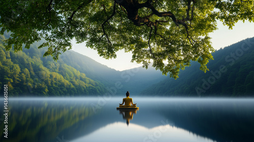 Serene Buddha Statues in Dhyana Mudra Beneath Misty Bodhi Trees at Dawn, Surrounded by Lotus Flowers and Calm Water Reflections