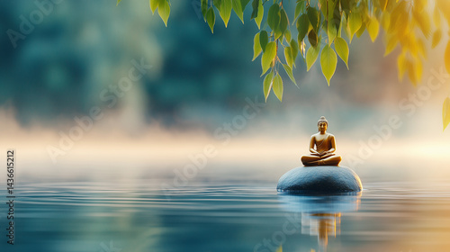 Buddha Statues in Dhyana Mudra Under Misty Bodhi Trees at Dawn Surrounded by Lotus Flowers and Tranquil Water Reflections