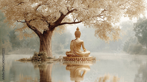 Serene Meditative Buddha Statues Beneath Misty Bodhi Trees at Dawn, Surrounded by Lotus Flowers and Calm Water Reflections