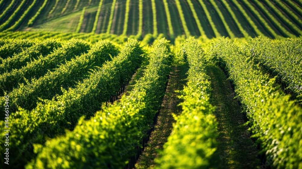 Fototapeta premium Vineyard rows sunlit hillside summer agriculture