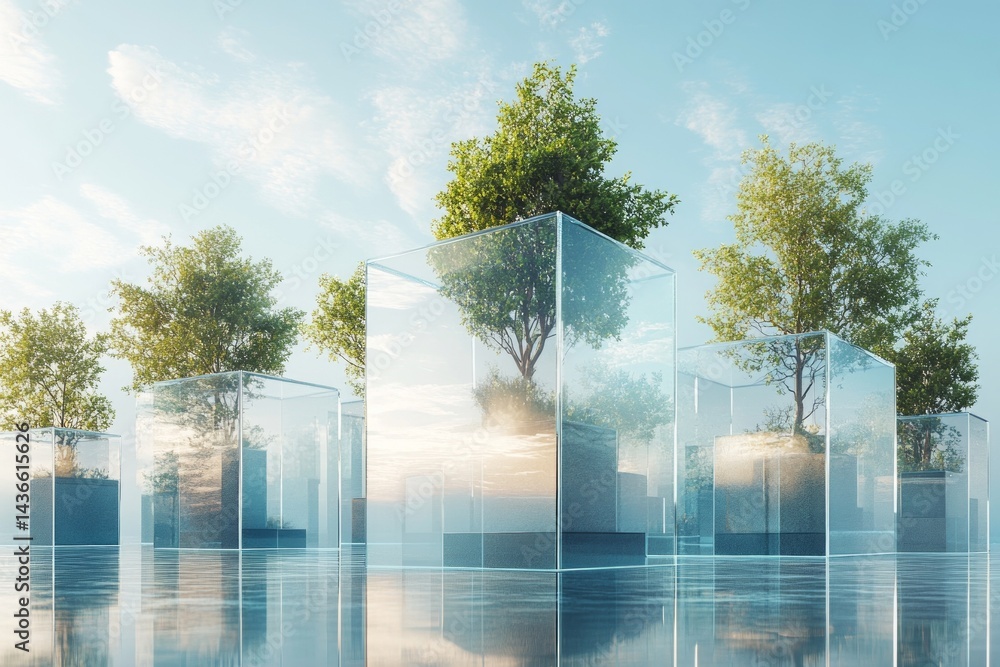 3D render: glass cubes, trees.