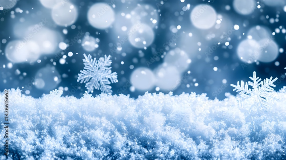 Soft Snowflakes Fall Gently Against a Winter Background with Ice Soft Snowflakes Fall Gently Against a Winter Background with Ice