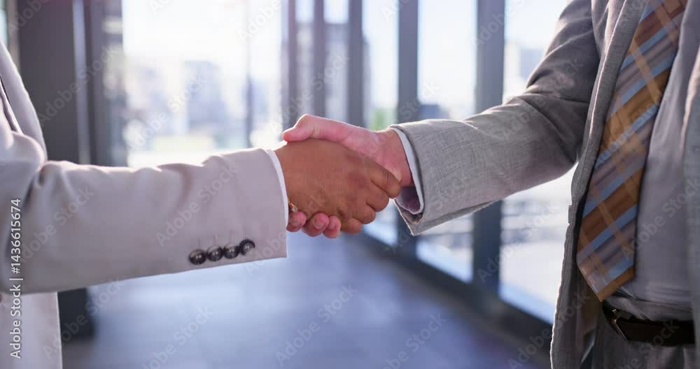 Business people, men and handshake in office with welcome for introduction, greeting or b2b meeting. Company merger, employees or shaking hands in building for partnership deal, agreement or contract
