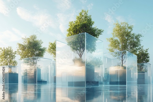 Obraz na płótnie 3D render: glass cubes, trees. w salonie