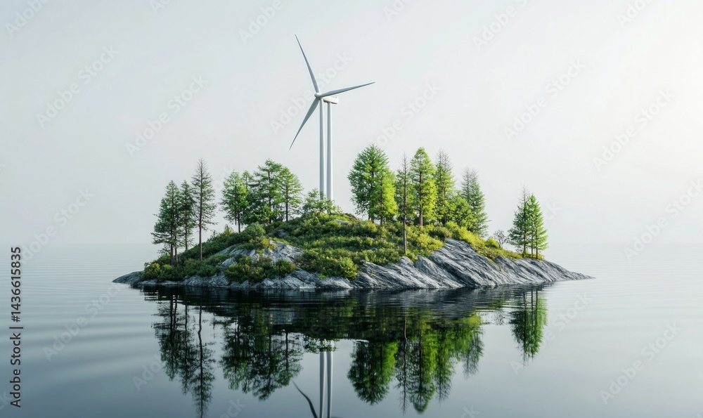 3D turbine, green island, grey backdrop.