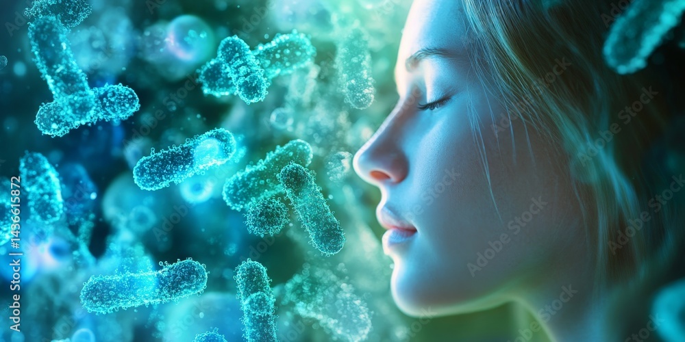 A serene profile of a woman with closed eyes is surrounded by glowing blue bacteria. The image captures a sense of tranquility and science. Perfect for health topics and educational purposes. AI