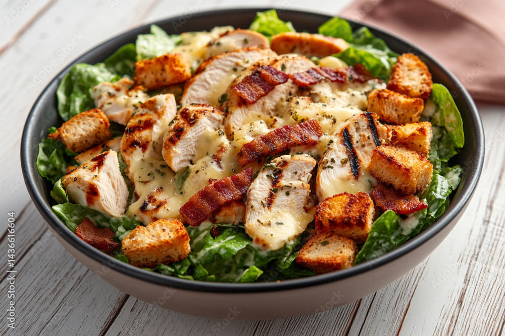 On the table is a bowl of Caesar salad with croutons, chicken and cheese. Fresh chicken salad. Delicious Caesar salad with grilled chicken, baked bacon and croutons close-up On the table is a bowl of Caesar salad with croutons, chicken and cheese. Fresh chicken salad. Delicious Caesar salad with grilled chicken, baked bacon and croutons close-up
