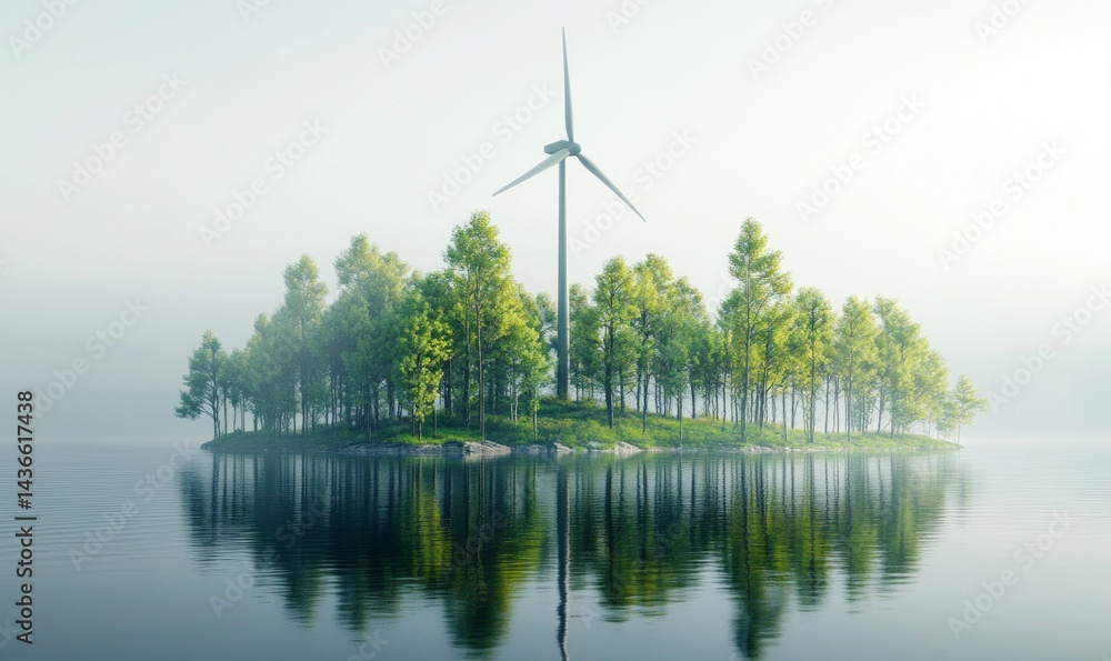 Eco-friendly turbine, serene island landscape.